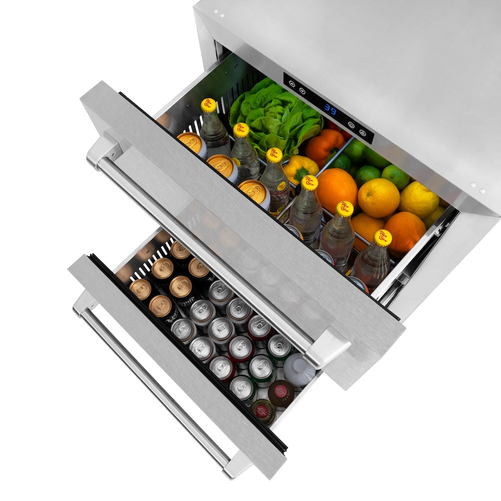 ZLINE 24 in. Touchstone 168 Can Outdoor-Rated Dual Refrigerator Drawer with Satin Stainless Steel Doors (RDSO-SN-24) refrigeration compartment open, with various food items on the shelves.