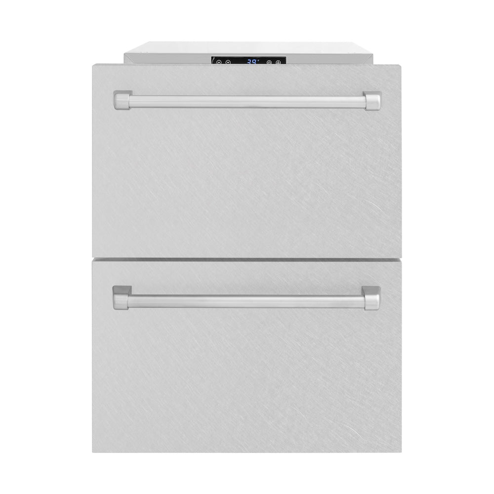 ZLINE 24 in. Touchstone 168 Can Outdoor-Rated Dual Refrigerator Drawer with Satin Stainless Steel Doors (RDSO-SN-24) front, open.