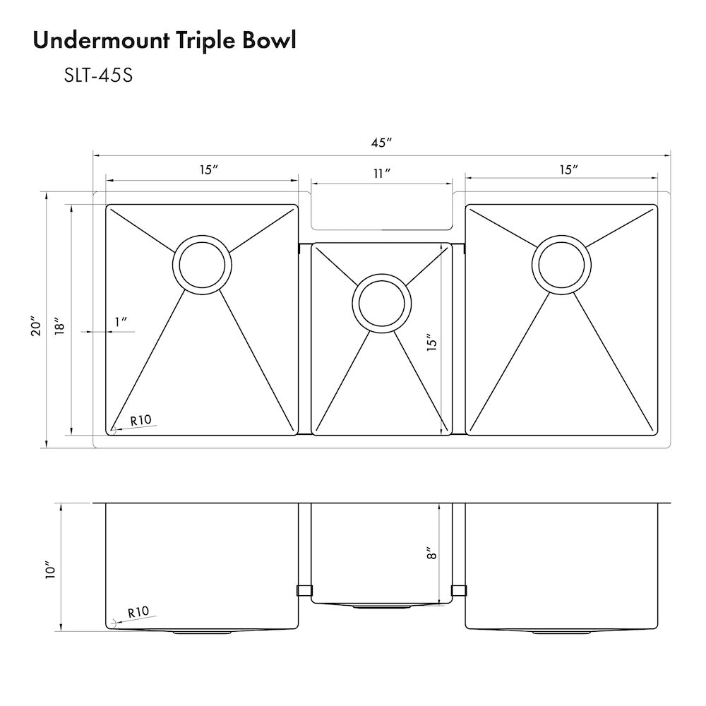 ZLINE 45 in. Breckenridge Undermount Triple Bowl Kitchen Sink with Bottom Grid and Color Options (SLT-45) dimensional diagram.