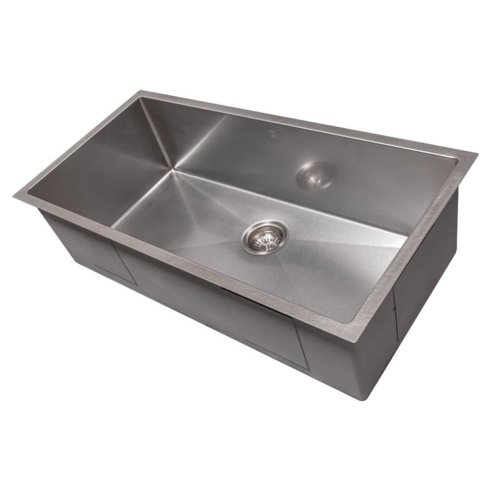 ZLINE 36 in. Meribel Undermount Single Bowl Kitchen Sink with Bottom Grid and Color Options (SRS-36) Satin Stainless Steel