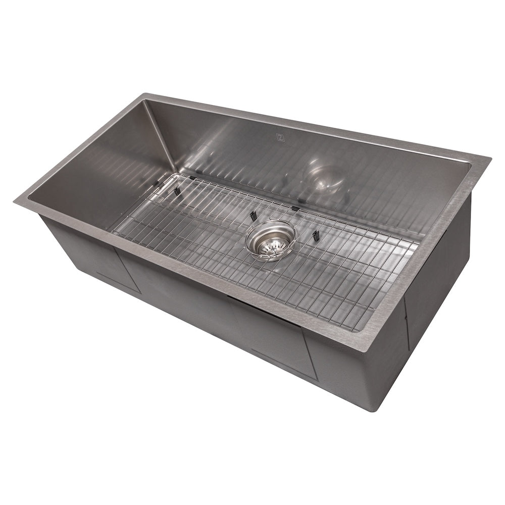 ZLINE 36 in. Meribel Undermount Single Bowl Kitchen Sink with Bottom Grid and Color Options (SRS-36) Satin Stainless Steel