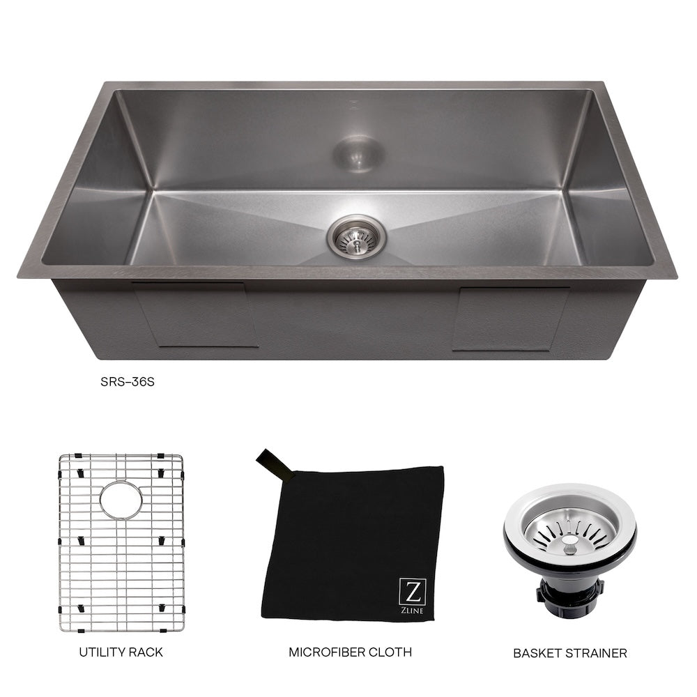 ZLINE 36 in. Meribel Undermount Single Bowl Kitchen Sink with Bottom Grid and Color Options (SRS-36) Satin Stainless Steel with accessories on a white background