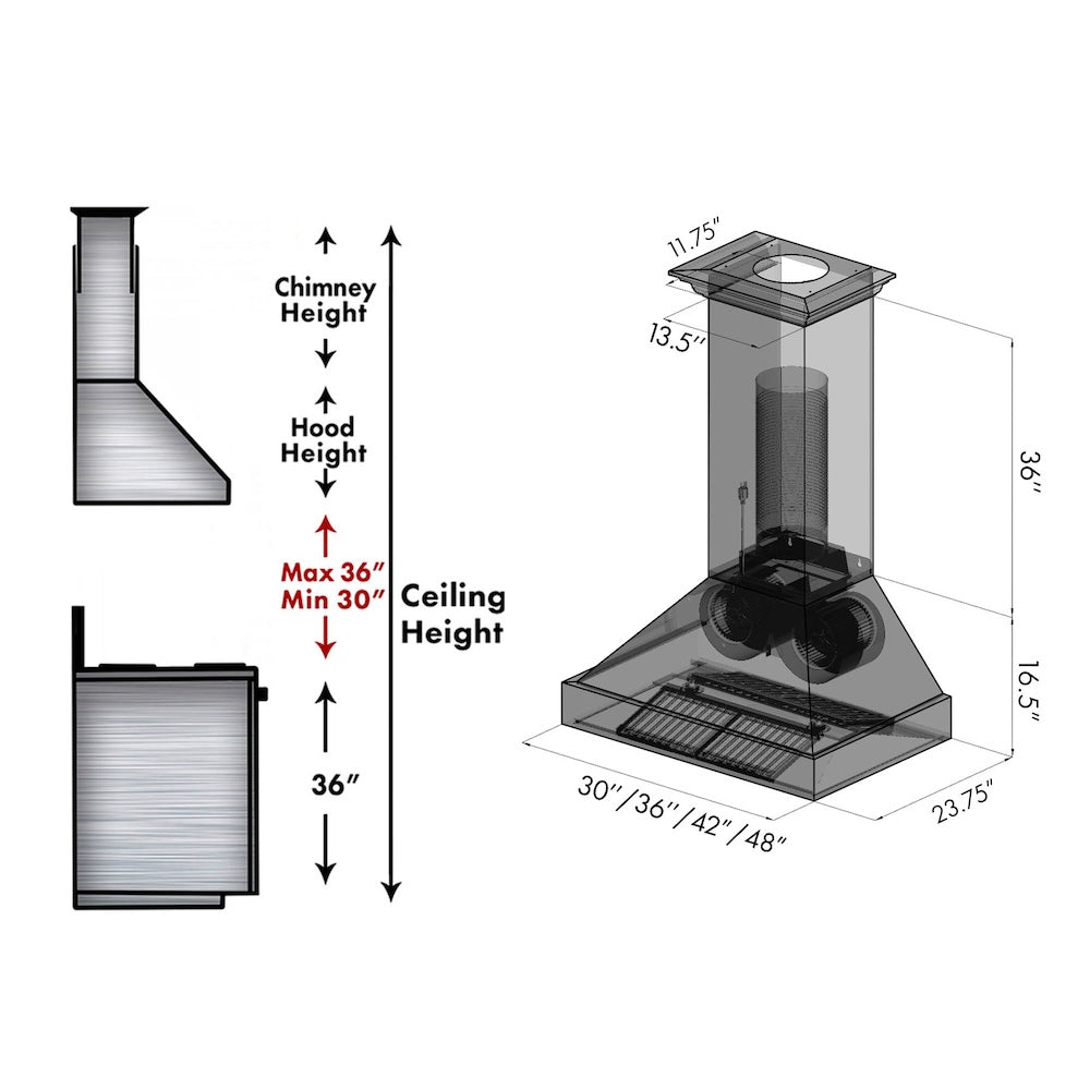 ZLINE Ducted Vent Designer Series Wall Mount Range Hood in Satin Stainless Steel with Size Options (655-4SSSS) dimensional diagram.