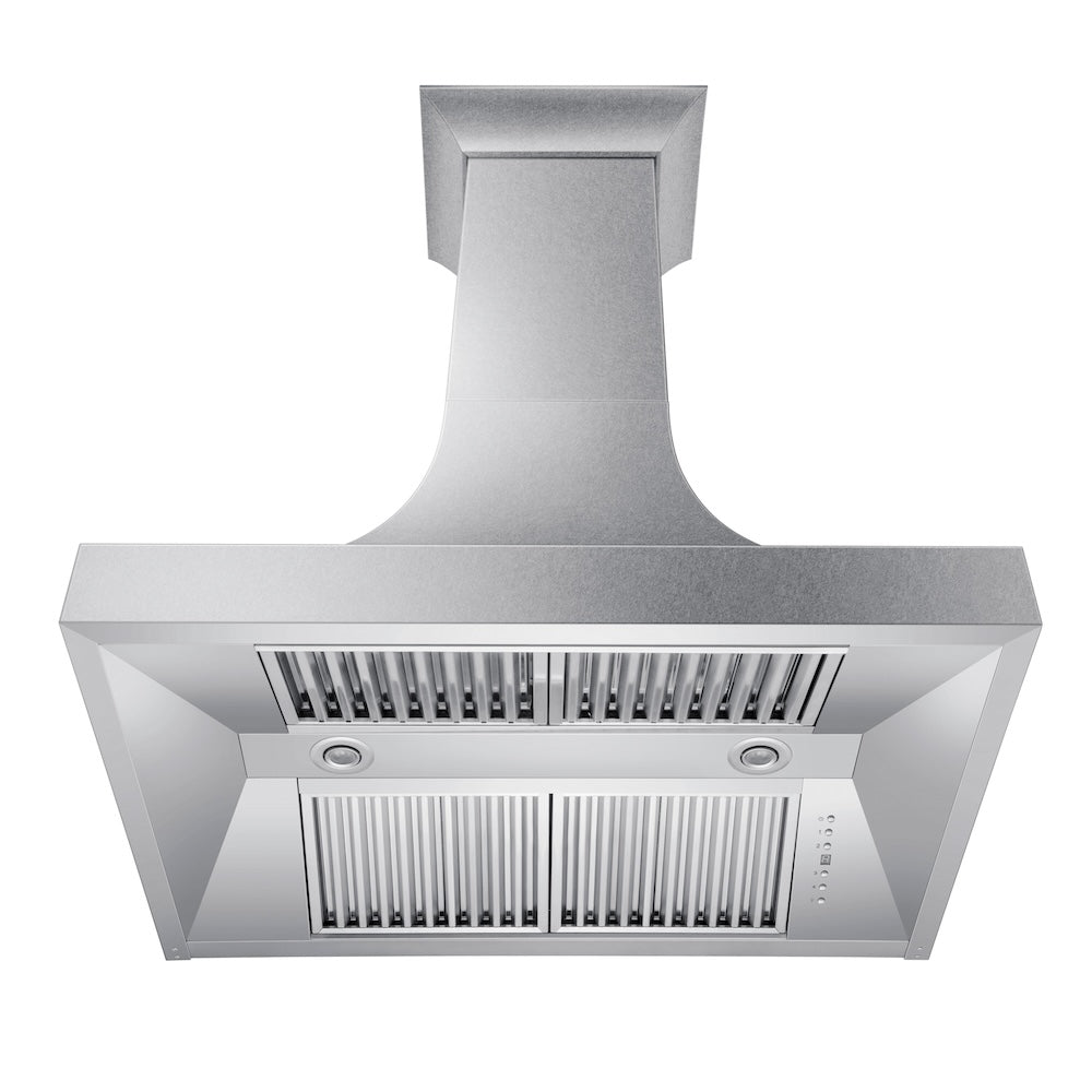 ZLINE Designer Series Satin Stainless Steel Ducted Wall Range Hood with Size Options (8632S) front, under.