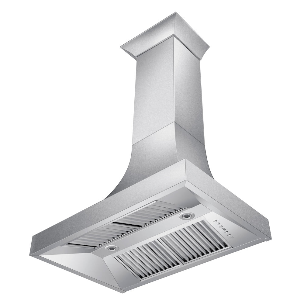 ZLINE Designer Series Satin Stainless Steel Ducted Wall Range Hood with Size Options (8632S) side, under.
