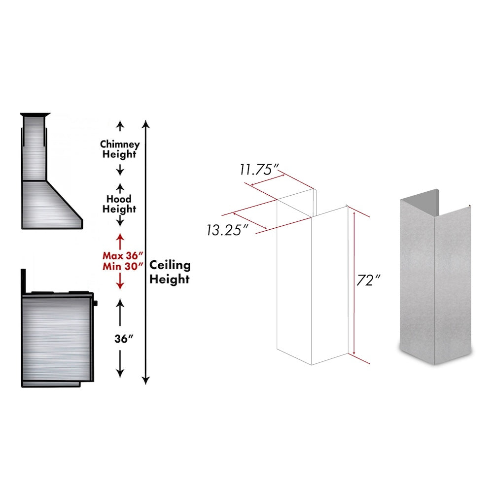 ZLINE 72 in. Satin Stainless Steel Extended Chimney and Crown (8654-E) dimensional diagram.