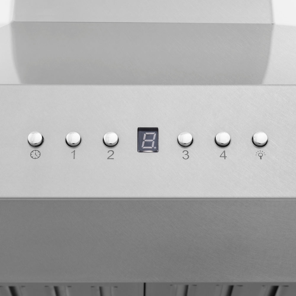 ZLINE Ducted Wall Mount Range Hood in Satin Stainless Steel with Size Options (8KF2S) control panel with digital display and buttons.