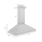 ZLINE Ducted Wall Mount Range Hood in Satin Stainless Steel with Size Options (8KF2S) dimensional diagram.