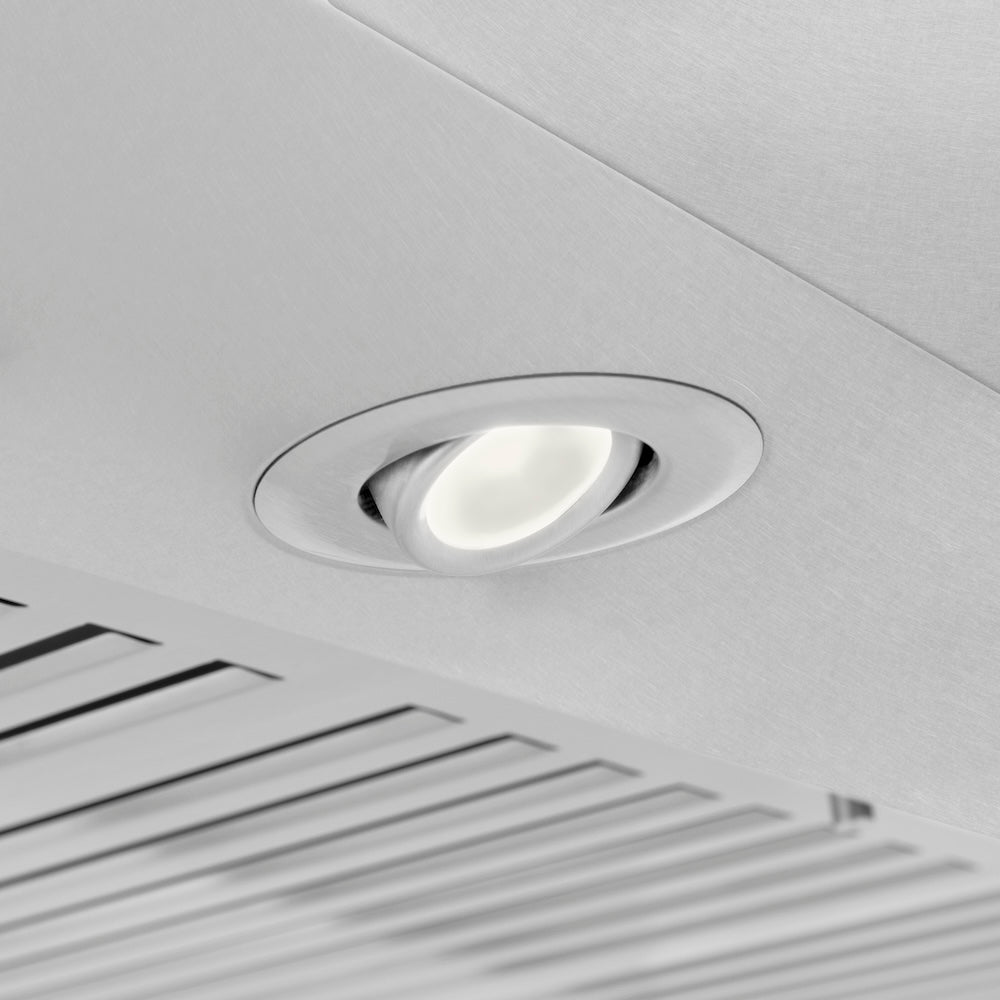 ZLINE Ducted Wall Mount Range Hood in Satin Stainless Steel with Size Options (8KF2S) built-in lighting.