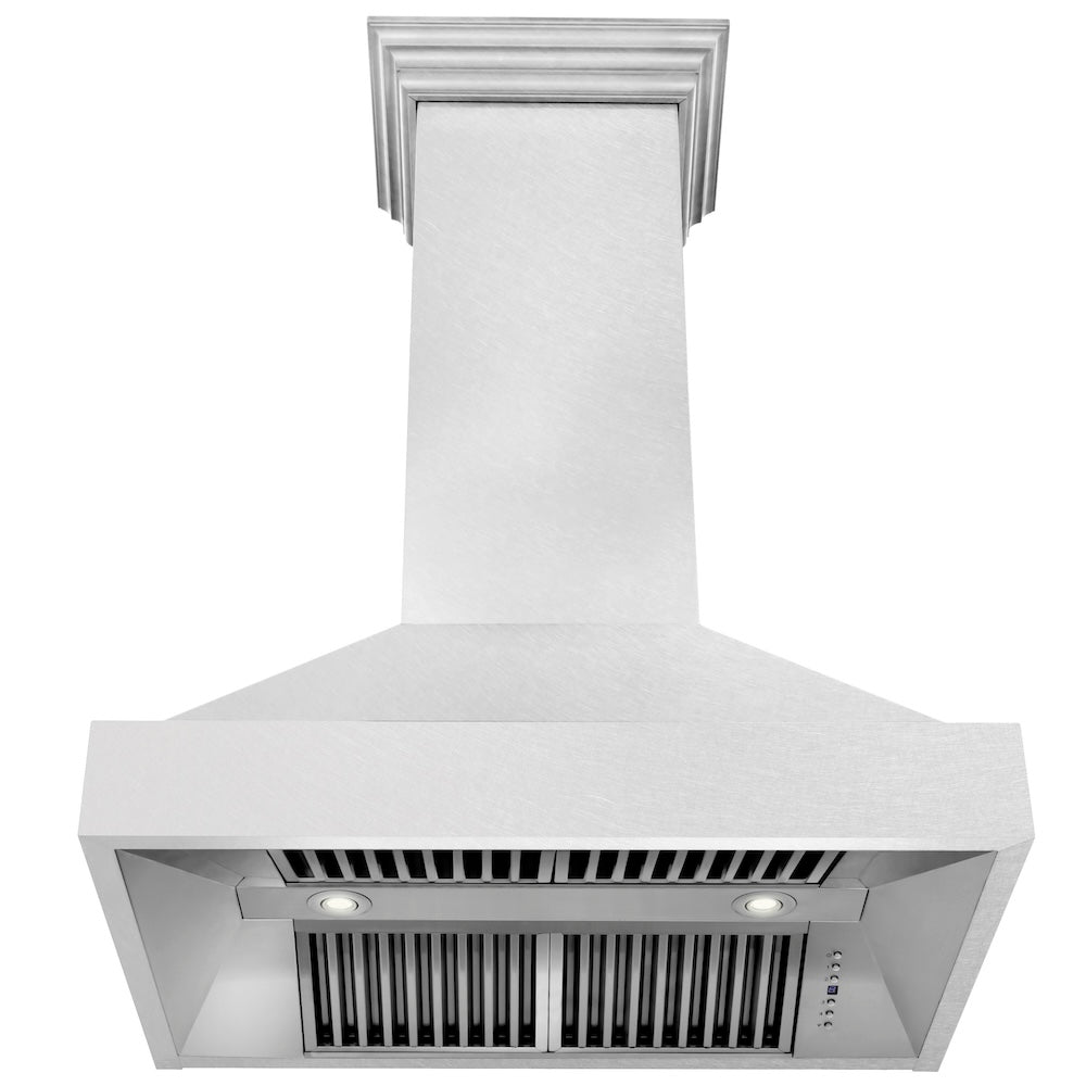 ZLINE Satin Stainless Steel Wall Mount Range Hood with Size Options (8654SN) front, under.