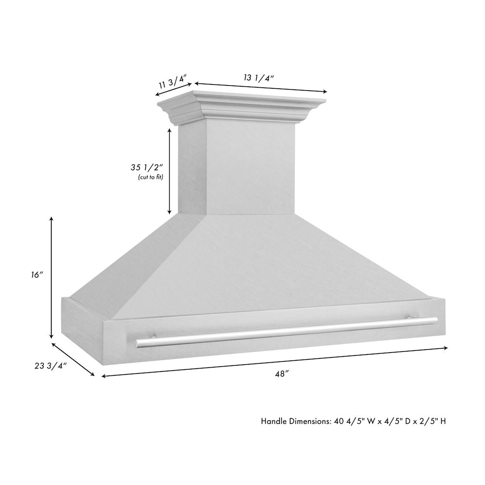 ZLINE 48 in. Satin Stainless Steel Wall Mount Range Hood with Colored Shell and Stainless Steel Handle (8654SNX-48) dimensional diagram.