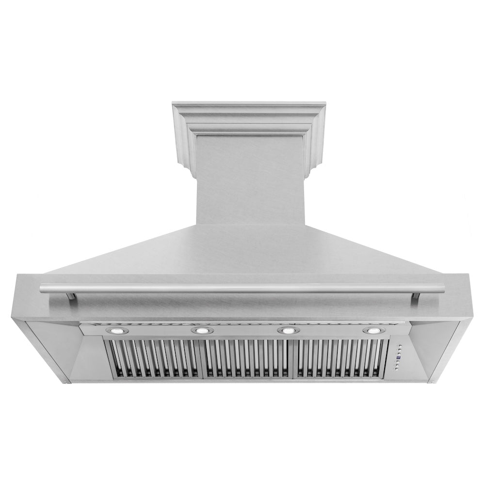 ZLINE 48 in. Satin Stainless Steel Wall Mount Range Hood with Colored Shell and Stainless Steel Handle (8654SNX-48) front, under.