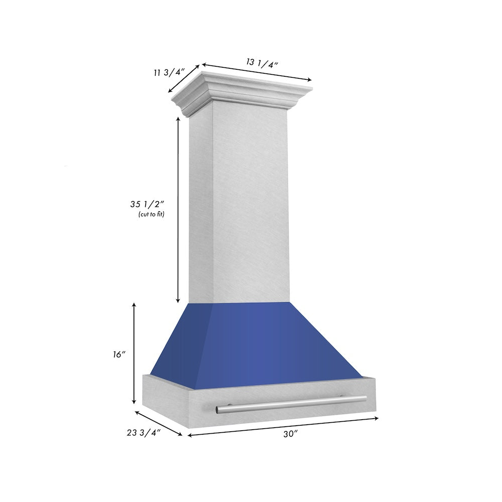 ZLINE 30 in. Satin Stainless Steel Wall Mount Range Hood with Colored Shell and Stainless Steel Handle (8654SNX-30) dimensional diagram.