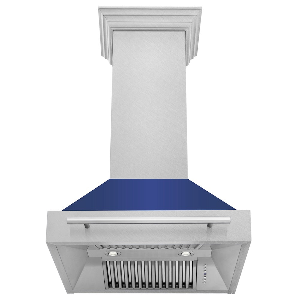 ZLINE 30 in. Satin Stainless Steel Wall Mount Range Hood with Colored Shell and Stainless Steel Handle (8654SNX-30) front, under.