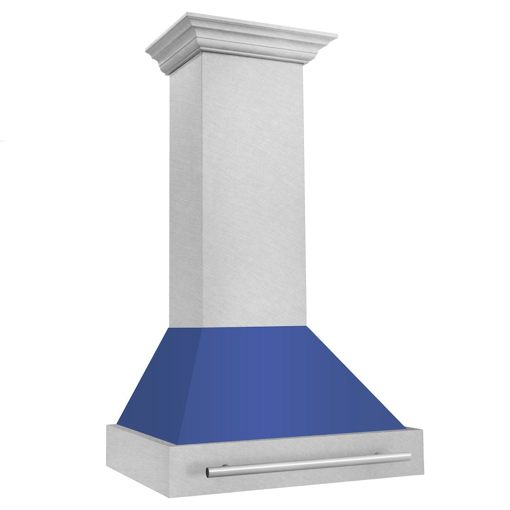 ZLINE 30 in. Satin Stainless Steel Wall Mount Range Hood with Colored Shell and Stainless Steel Handle (8654SNX-30)