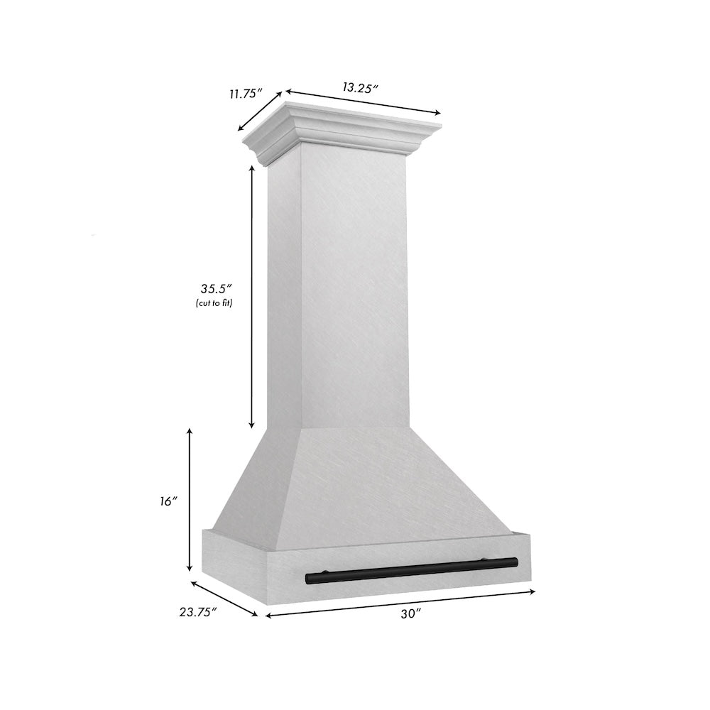 ZLINE Autograph Edition 30 in. Satin Stainless Steel Wall Mount Range Hood with Accent Handle (8654SNZ-30) dimensional diagram.