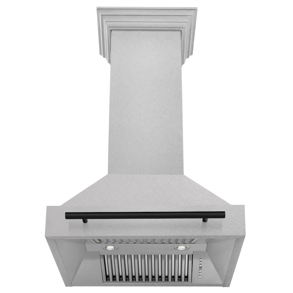ZLINE Autograph Edition 30 in. Satin Stainless Steel Wall Mount Range Hood with Accent Handle (8654SNZ-30) front, under.