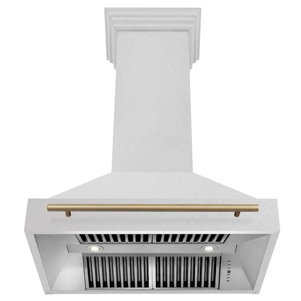 ZLINE Autograph Edition 36 in. Satin Stainless Steel Wall Mount Range Hood with Accent Handle (8654SNZ-36) front, under.