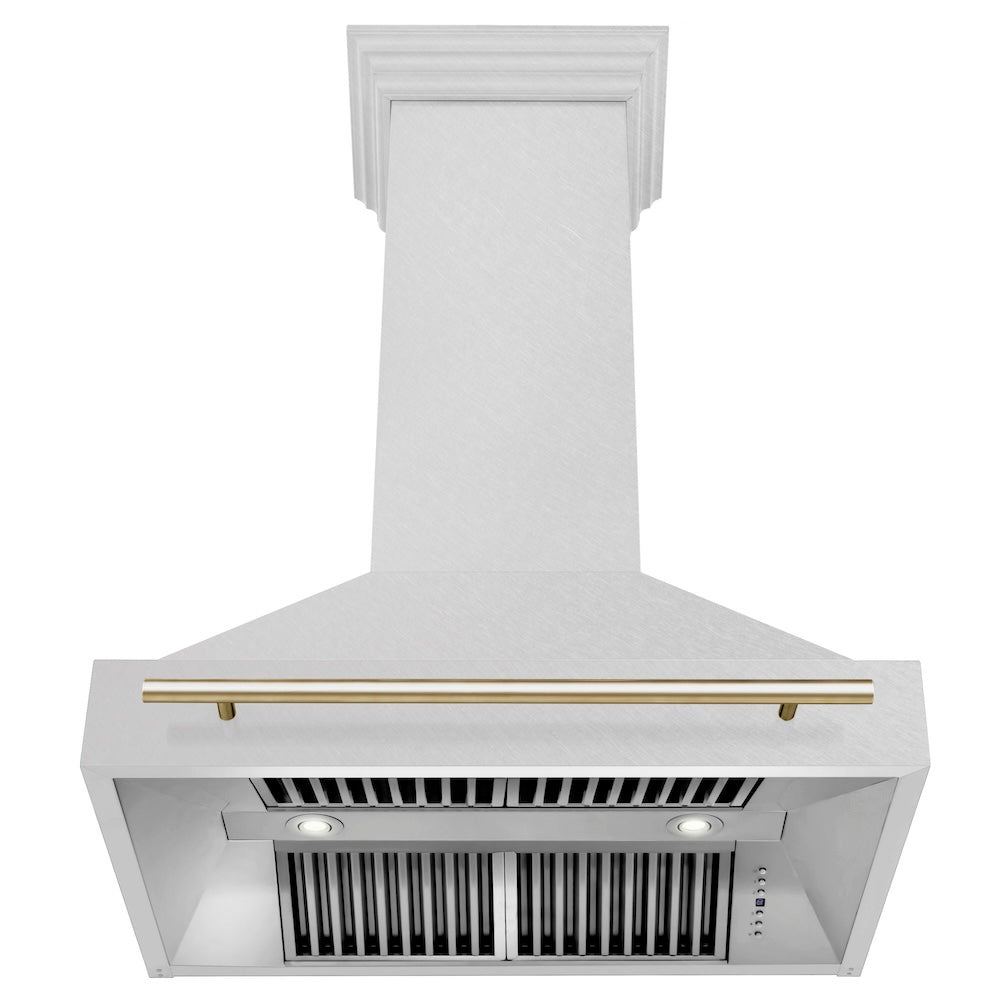 ZLINE Autograph Edition 36 in. Satin Stainless Steel Wall Mount Range Hood with Accent Handle (8654SNZ-36) front, under.