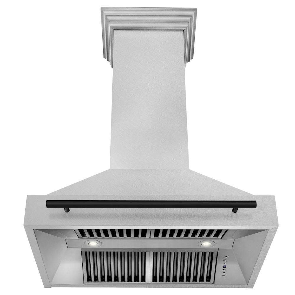 ZLINE Autograph Edition 36 in. Satin Stainless Steel Wall Mount Range Hood with Accent Handle (8654SNZ-36) front, under.