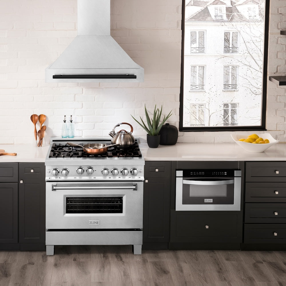 ZLINE Autograph Edition 36 in. Satin Stainless Steel Wall Mount Range Hood with Accent Handle (8654SNZ-36)