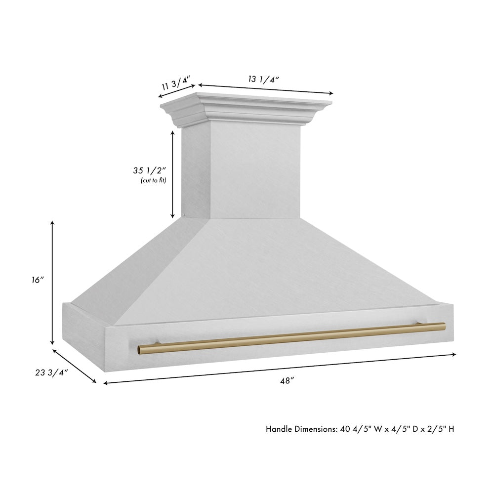 ZLINE Autograph Edition 48 in. Satin Stainless Steel Wall Mount Range Hood with Accent Handle (8654SNZ-48) dimensional diagram.