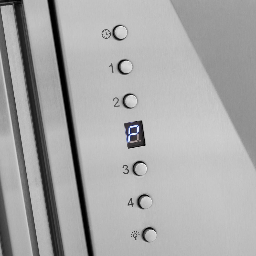 ZLINE Autograph Edition 48 in. Satin Stainless Steel Wall Mount Range Hood with Accent Handle (8654SNZ-48) control panel with digital display and buttons.