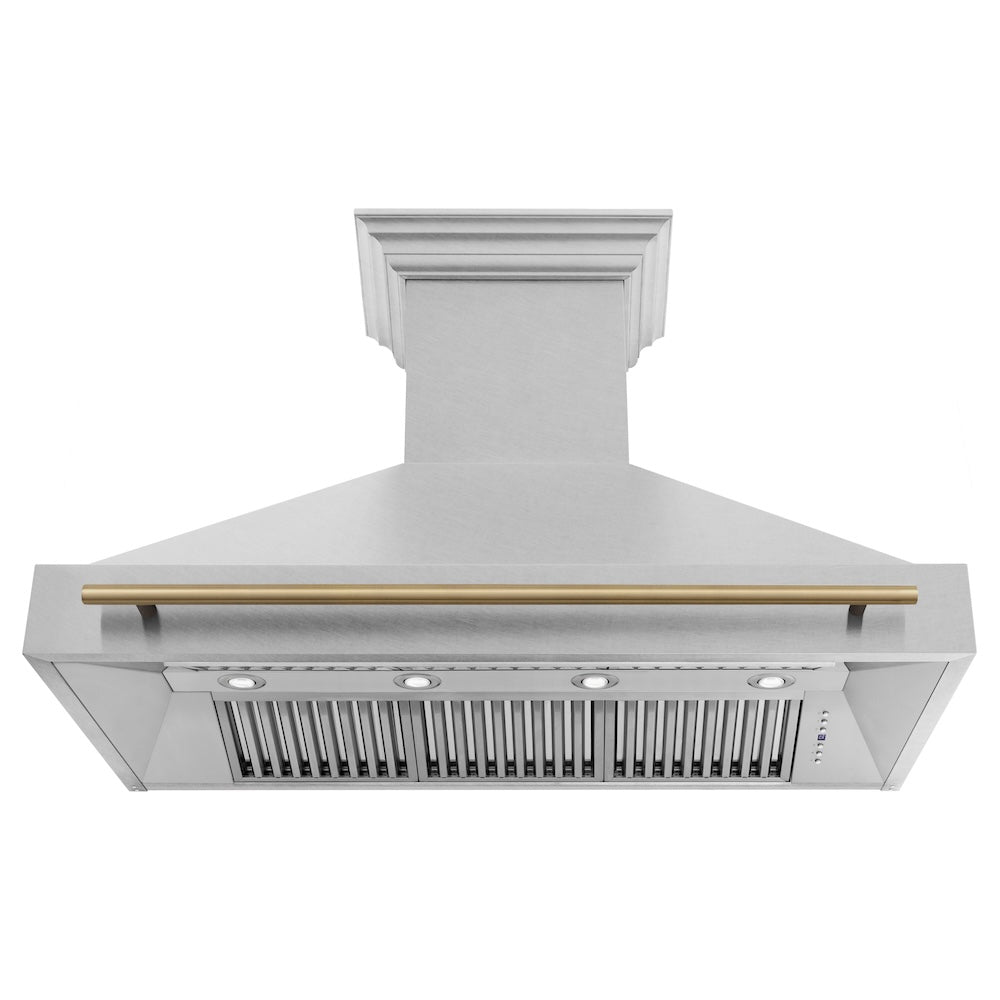 ZLINE Autograph Edition 48 in. Satin Stainless Steel Wall Mount Range Hood with Accent Handle (8654SNZ-48) front, under.