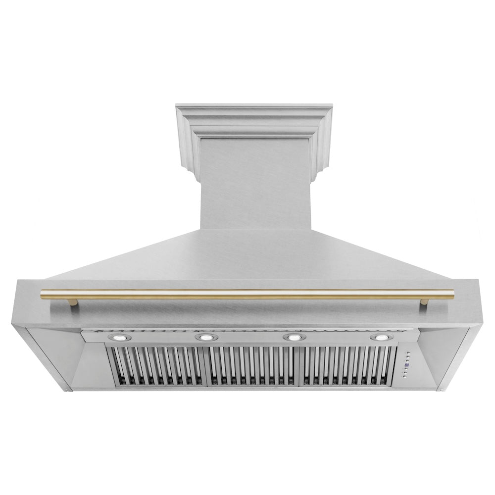 ZLINE Autograph Edition 48 in. Satin Stainless Steel Wall Mount Range Hood with Accent Handle (8654SNZ-48) front, under.