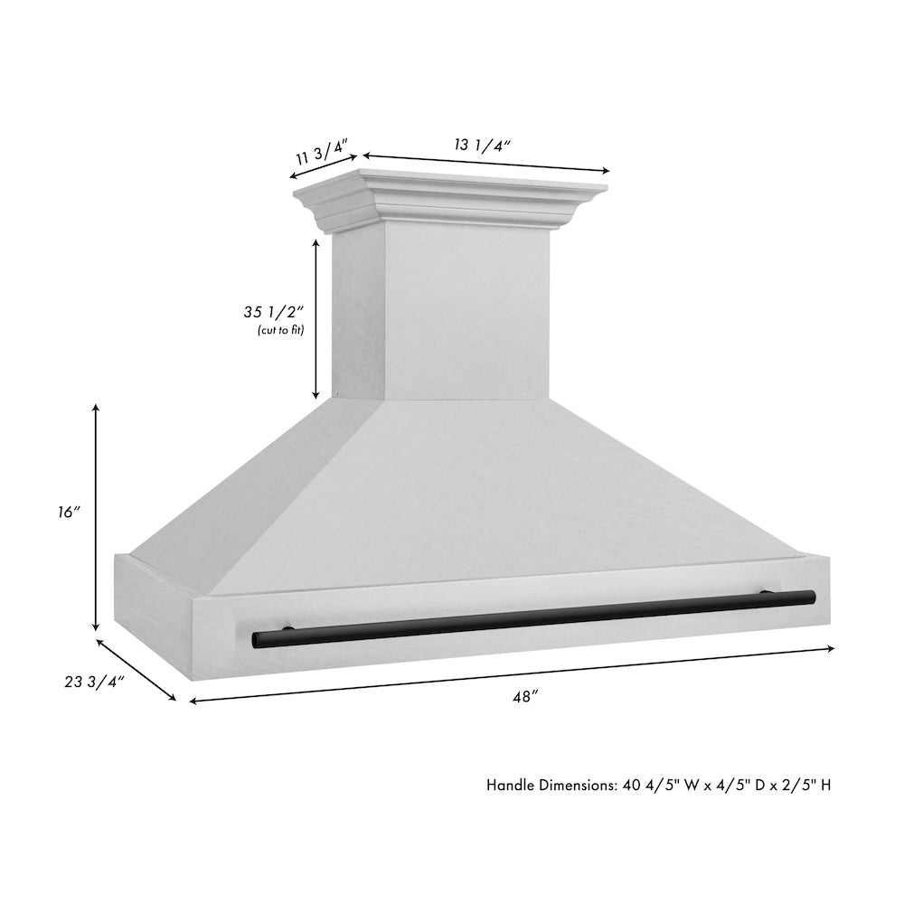 ZLINE Autograph Edition 48 in. Satin Stainless Steel Wall Mount Range Hood with Accent Handle (8654SNZ-48) dimensional diagram.