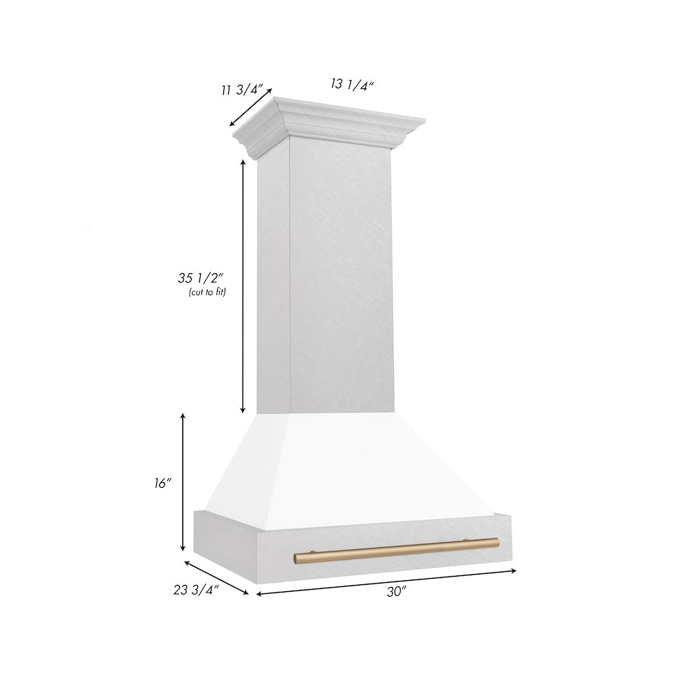 ZLINE Autograph Edition 30 in. Satin Stainless Steel Wall Mount Range Hood with White Matte Shell and Accent Handle (8654SNZ-WM30) dimensional diagram.