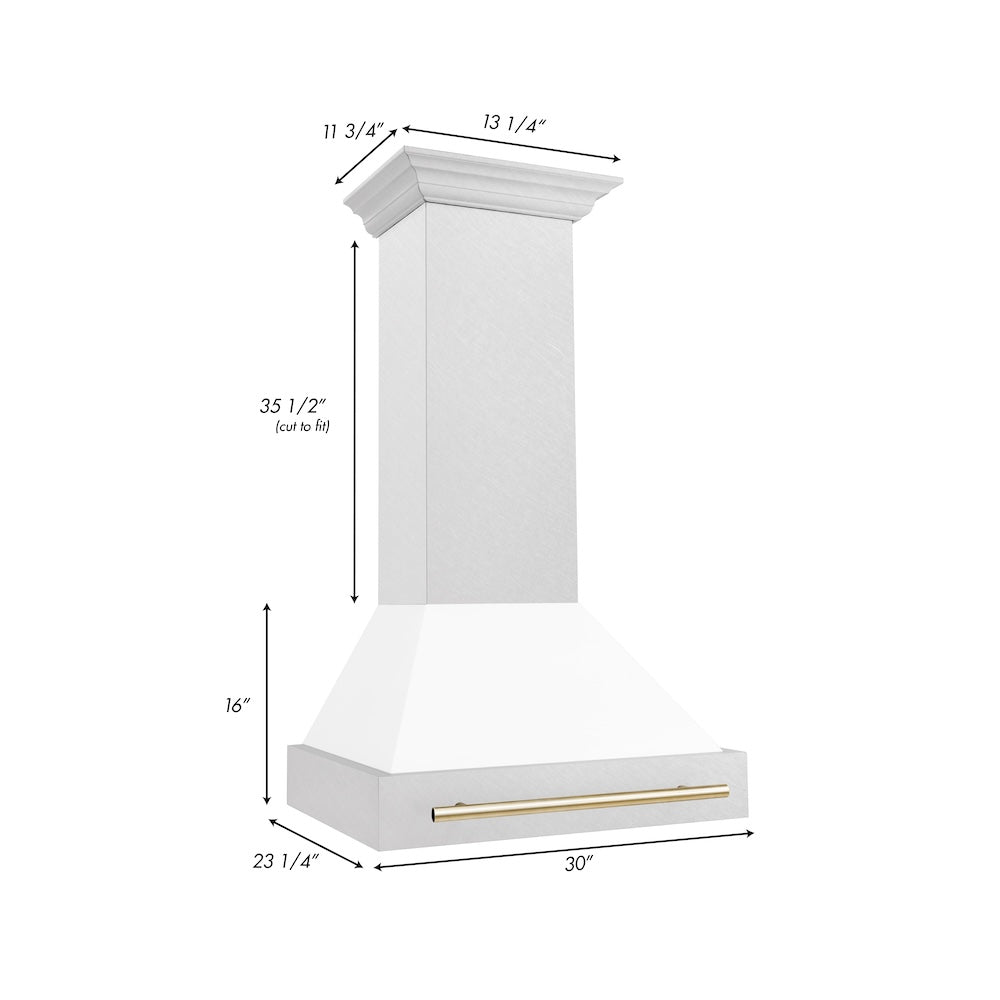 ZLINE Autograph Edition 30 in. Satin Stainless Steel Wall Mount Range Hood with White Matte Shell and Accent Handle (8654SNZ-WM30) dimensional diagram.