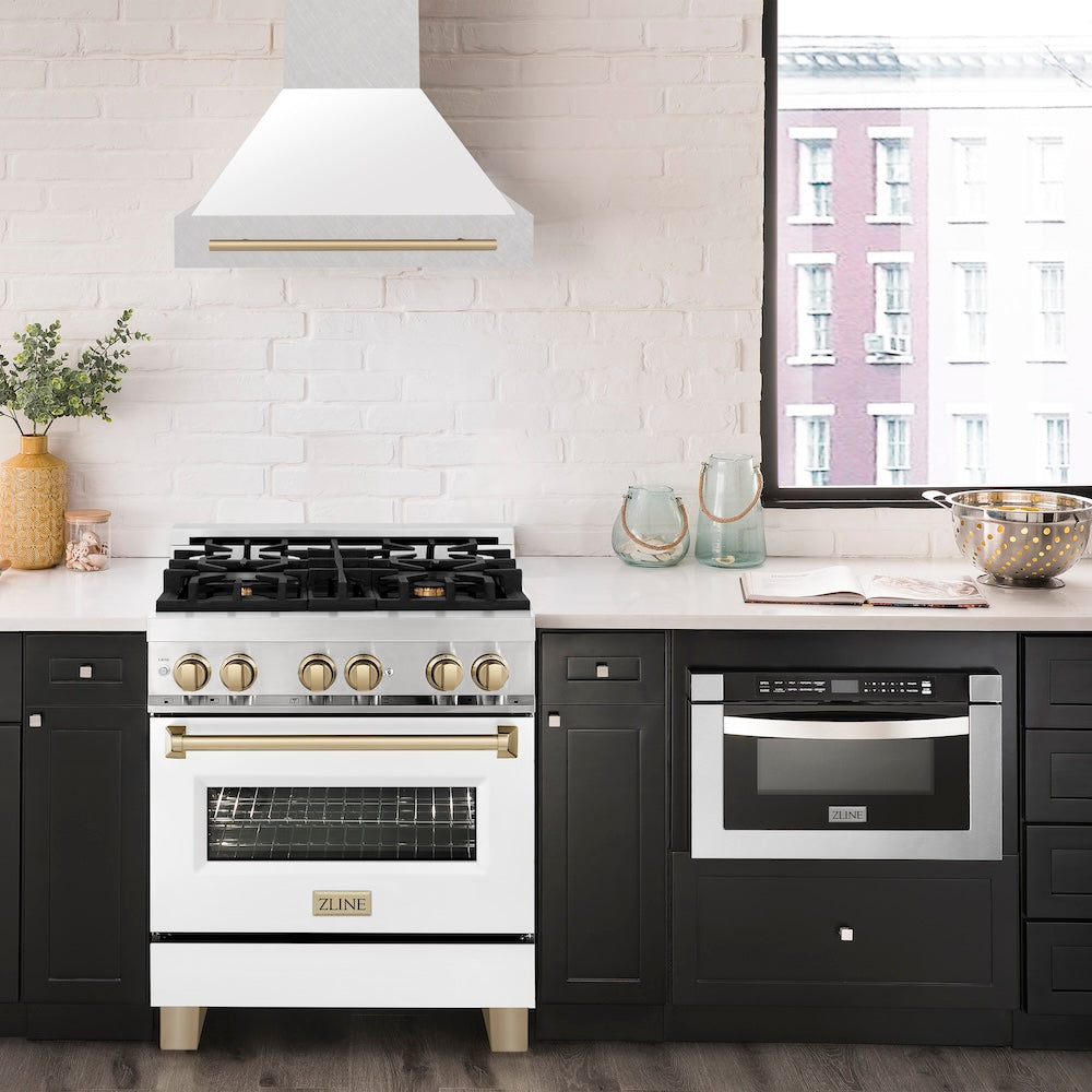 ZLINE Autograph Edition 30 in. Satin Stainless Steel Wall Mount Range Hood with White Matte Shell and Accent Handle (8654SNZ-WM30)