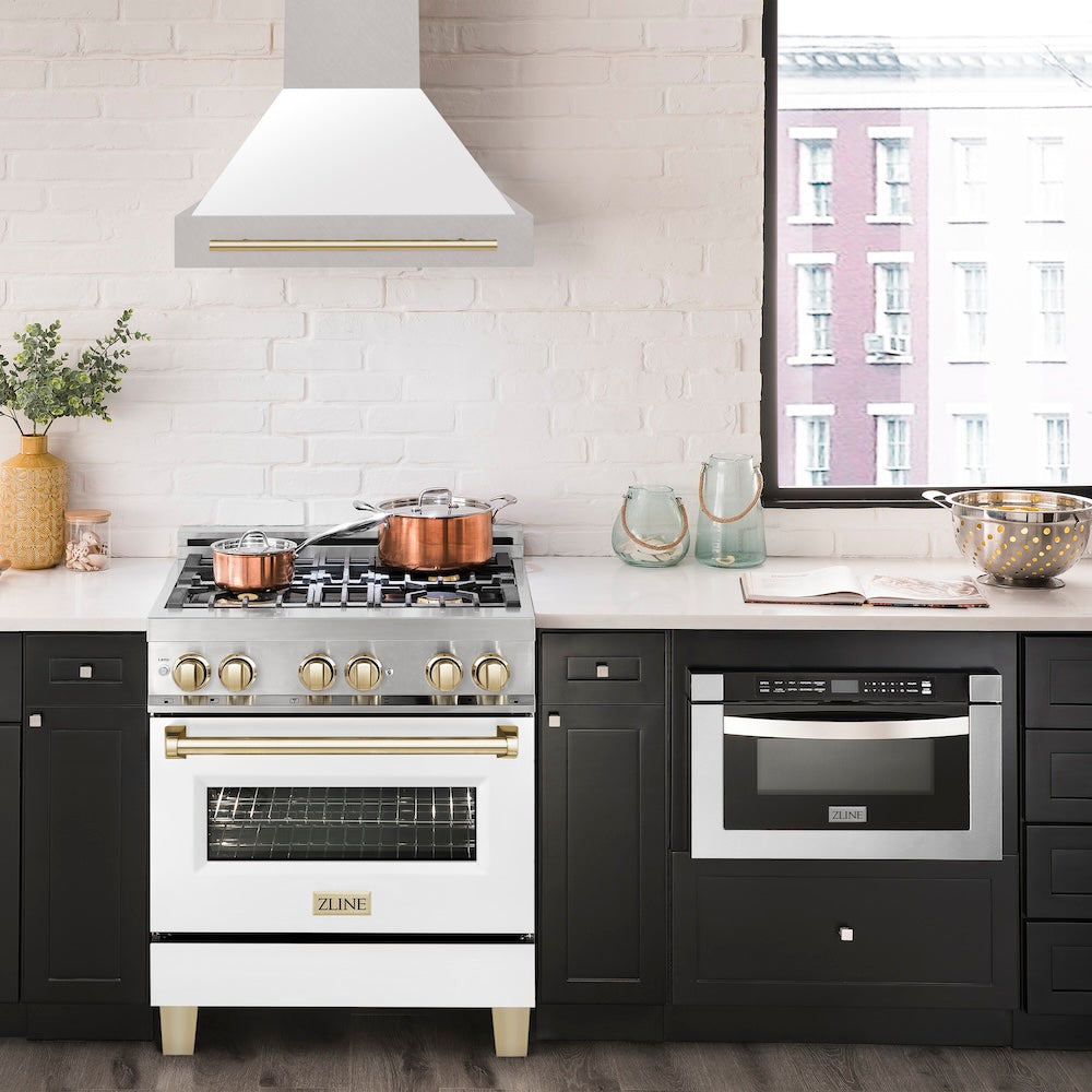 ZLINE Autograph Edition 30 in. Satin Stainless Steel Wall Mount Range Hood with White Matte Shell and Accent Handle (8654SNZ-WM30)