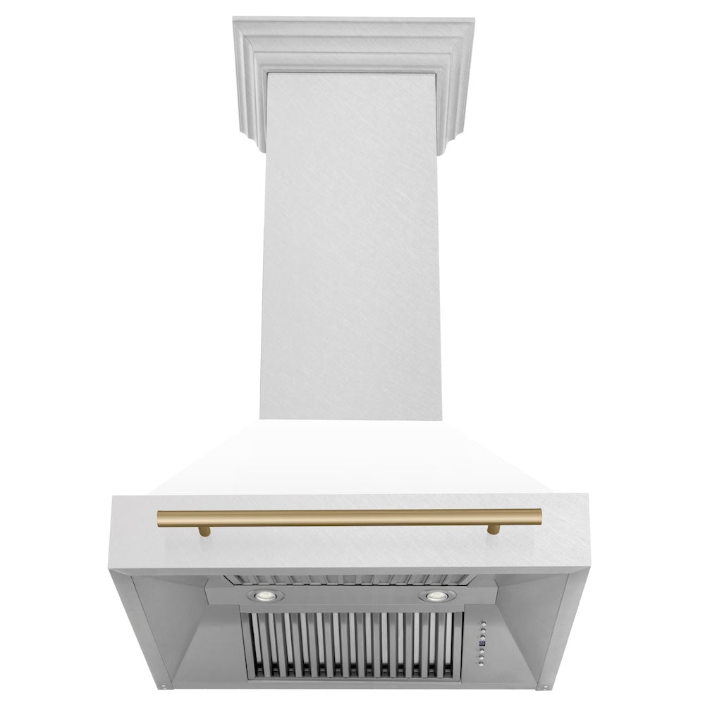 ZLINE Autograph Edition 30 in. Satin Stainless Steel Wall Mount Range Hood with White Matte Shell and Accent Handle (8654SNZ-WM30) front, under.