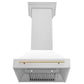 ZLINE Autograph Edition 30 in. Satin Stainless Steel Wall Mount Range Hood with White Matte Shell and Accent Handle (8654SNZ-WM30) front, under.