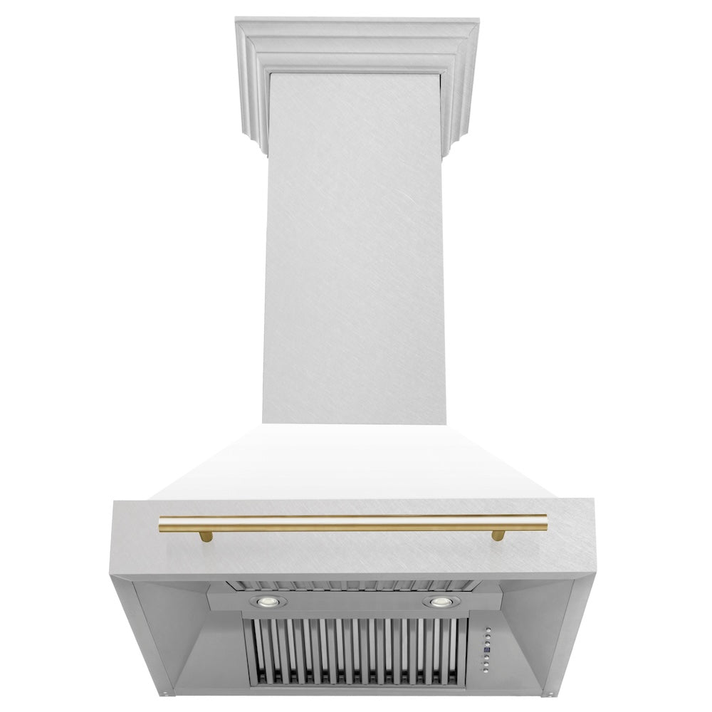 ZLINE Autograph Edition 30 in. Satin Stainless Steel Wall Mount Range Hood with White Matte Shell and Accent Handle (8654SNZ-WM30) front, under.