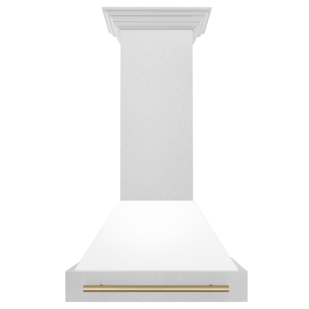 ZLINE Autograph Edition 30 in. Satin Stainless Steel Wall Mount Range Hood with White Matte Shell and Accent Handle (8654SNZ-WM30)
