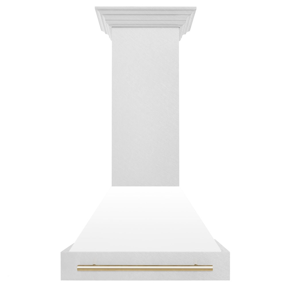 ZLINE Autograph Edition 30 in. Satin Stainless Steel Wall Mount Range Hood with White Matte Shell and Accent Handle (8654SNZ-WM30)