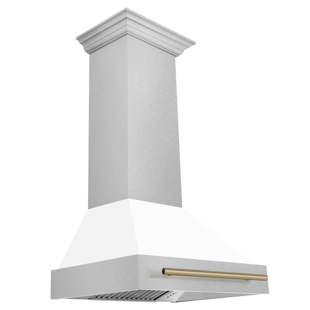 ZLINE Autograph Edition 30 in. Satin Stainless Steel Wall Mount Range Hood with White Matte Shell and Accent Handle (8654SNZ-WM30)