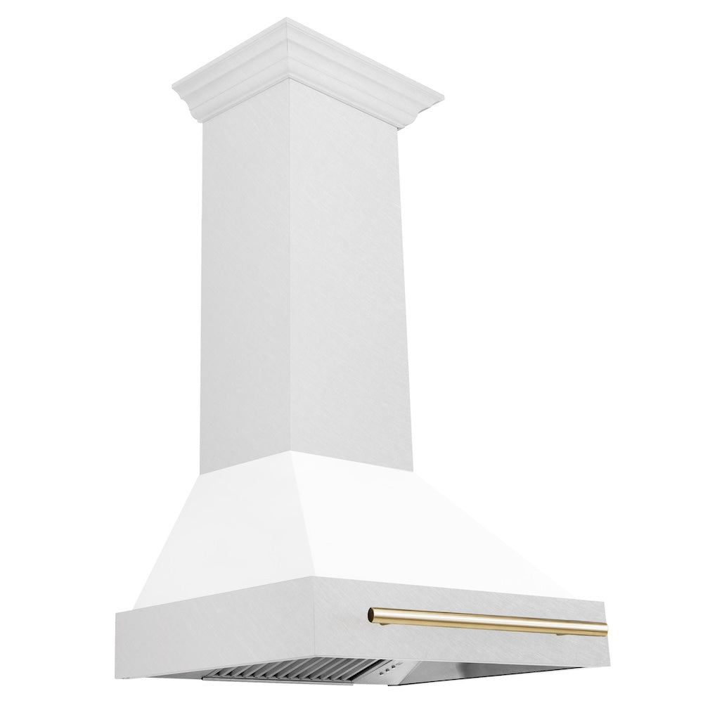 ZLINE Autograph Edition 30 in. Satin Stainless Steel Wall Mount Range Hood with White Matte Shell and Accent Handle (8654SNZ-WM30)