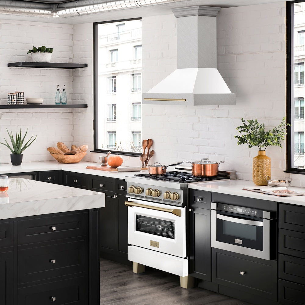 ZLINE Autograph Edition 30 in. Satin Stainless Steel Wall Mount Range Hood with White Matte Shell and Accent Handle (8654SNZ-WM30)