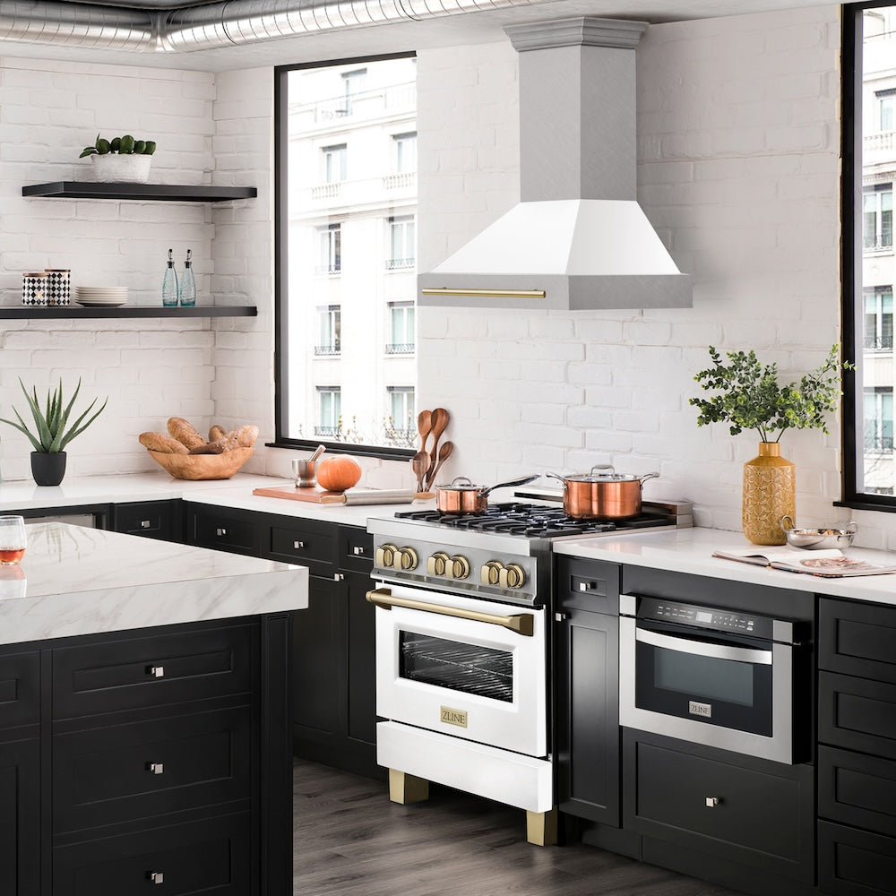 ZLINE Autograph Edition 30 in. Satin Stainless Steel Wall Mount Range Hood with White Matte Shell and Accent Handle (8654SNZ-WM30)