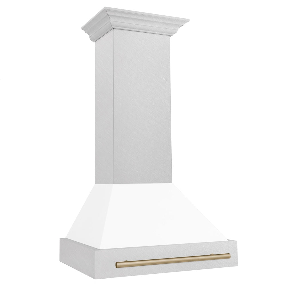 ZLINE Autograph Edition 30 in. Satin Stainless Steel Wall Mount Range Hood with White Matte Shell and Accent Handle (8654SNZ-WM30)