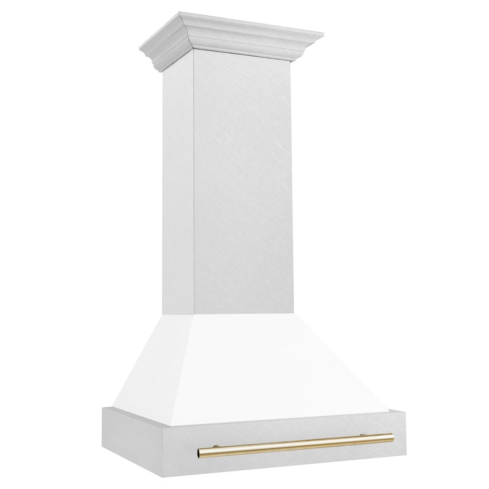 ZLINE Autograph Edition 30 in. Satin Stainless Steel Wall Mount Range Hood with White Matte Shell and Accent Handle (8654SNZ-WM30)