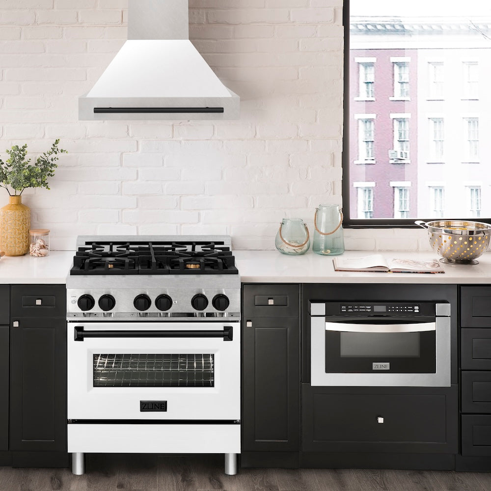 ZLINE Autograph Edition 30 in. Satin Stainless Steel Wall Mount Range Hood with White Matte Shell and Accent Handle (8654SNZ-WM30)