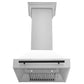 ZLINE Autograph Edition 30 in. Satin Stainless Steel Wall Mount Range Hood with White Matte Shell and Accent Handle (8654SNZ-WM30) front, under.
