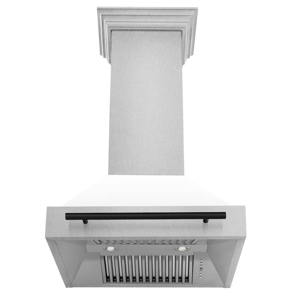 ZLINE Autograph Edition 30 in. Satin Stainless Steel Wall Mount Range Hood with White Matte Shell and Accent Handle (8654SNZ-WM30) front, under.