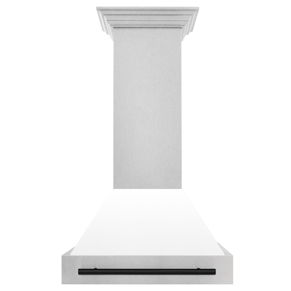 ZLINE Autograph Edition 30 in. Satin Stainless Steel Wall Mount Range Hood with White Matte Shell and Accent Handle (8654SNZ-WM30)