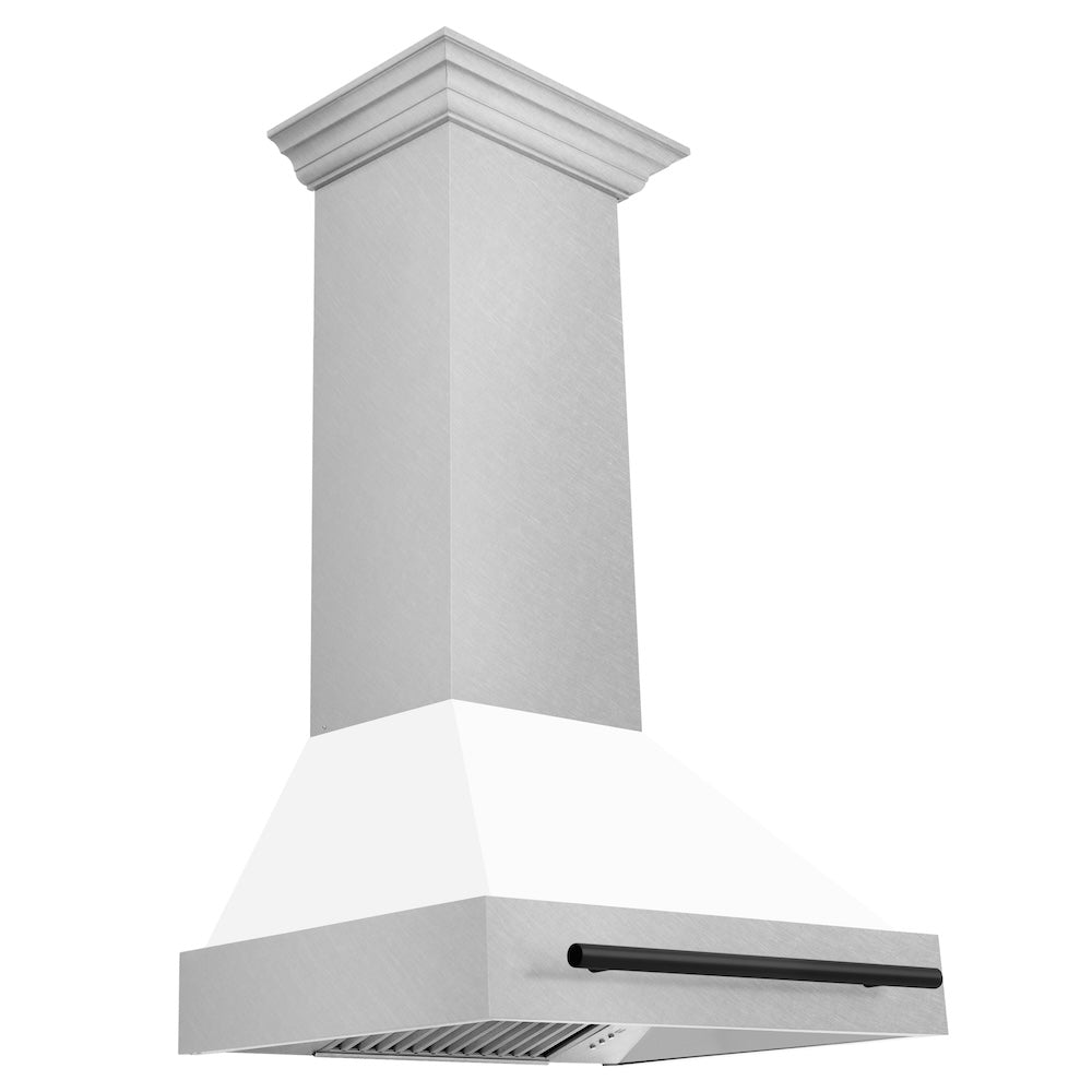 ZLINE Autograph Edition 30 in. Satin Stainless Steel Wall Mount Range Hood with White Matte Shell and Accent Handle (8654SNZ-WM30)